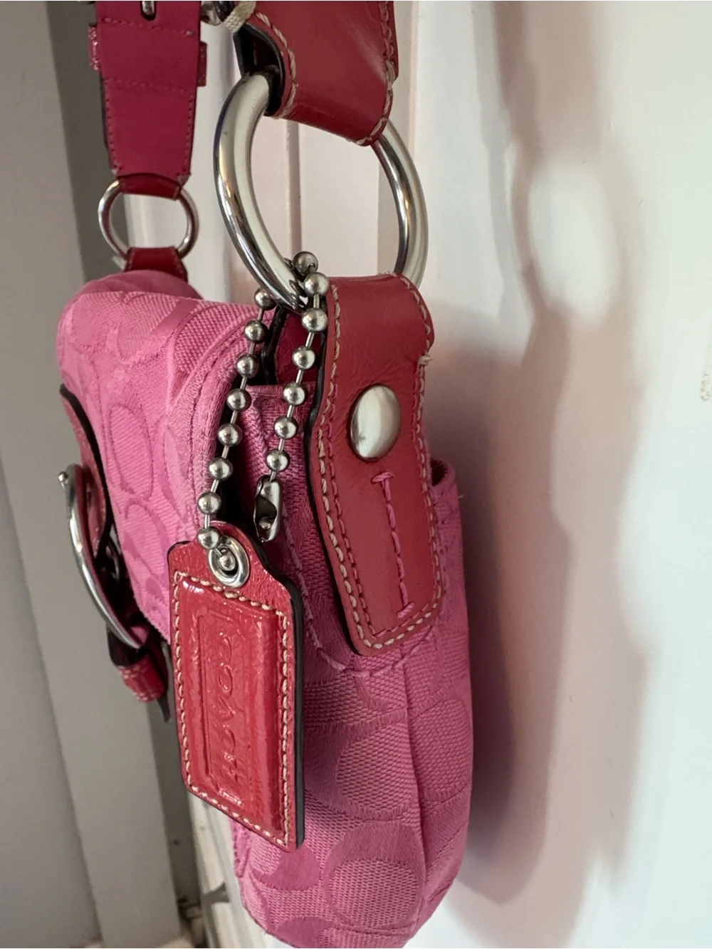 Coach Hot Pink Signature Canvas Shoulder Bag with Buckle Trim